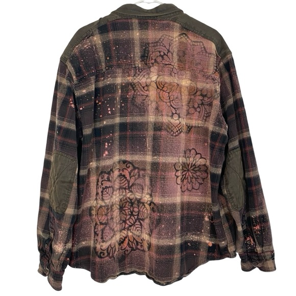 Handmade Floral Flannel Shirt Shacket Womens Plus XXL Bleached Plaid Button Down - Picture 2 of 13